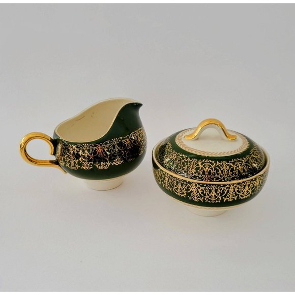 Vintage Green & Gold Creamer & Sugar Bowl, Homer Laughlin Lady Greenbrier, USA - Picture 1 of 10